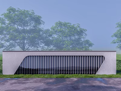 Modern Feature Wall With Gray Concrete Black Vertical Grilles Green Trees Grass Stone Pavement 3d model