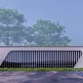 Modern Feature Wall With Gray Concrete Black Vertical Grilles Green Trees Grass Stone Pavement