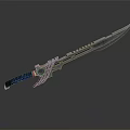 Futuristic Fantasy Weapon Intricate Metallic Blade Featuring Green Gemstone Handle and Reflective Surface