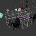 Modern Office Desk With Divided Workstations Two Computer Monitors Office Chairs And Potted Plants 3d model