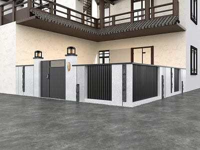 Chinese Style Building Exterior Wall With Wooden Railings Tile Roof And Gray Door 3d model