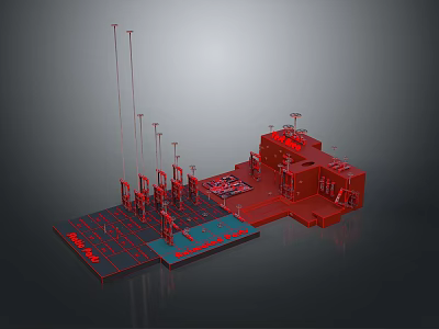 Red Industrial Facility 3D Model With Platform Structure And Tower Components 3d model