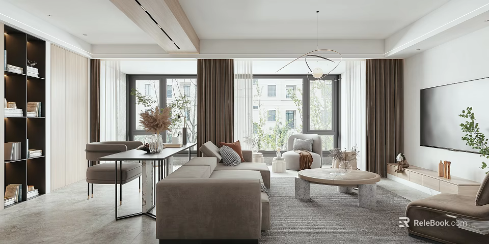 Modern Minimalist Living Dining Room Interior With Sofa Coffee Table And Large Windows 3d model