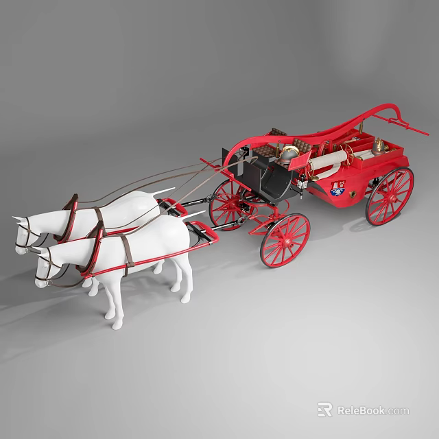 Classic Red Carriage Pulled by White Horses with Decorative Wheels 3d model 