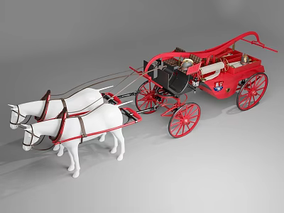 Classic Red Carriage Pulled by White Horses with Decorative Wheels 3d model