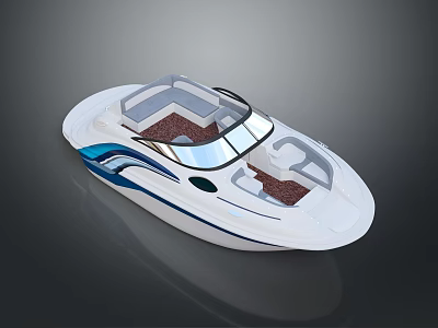 Modern White Speedboat with Blue Accents Transparent Windshield and Brown Interior Seats for Water Transportation 3d model