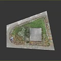 Small Building Exterior With Green Plants And Fallen Leaves On Stone Pathway