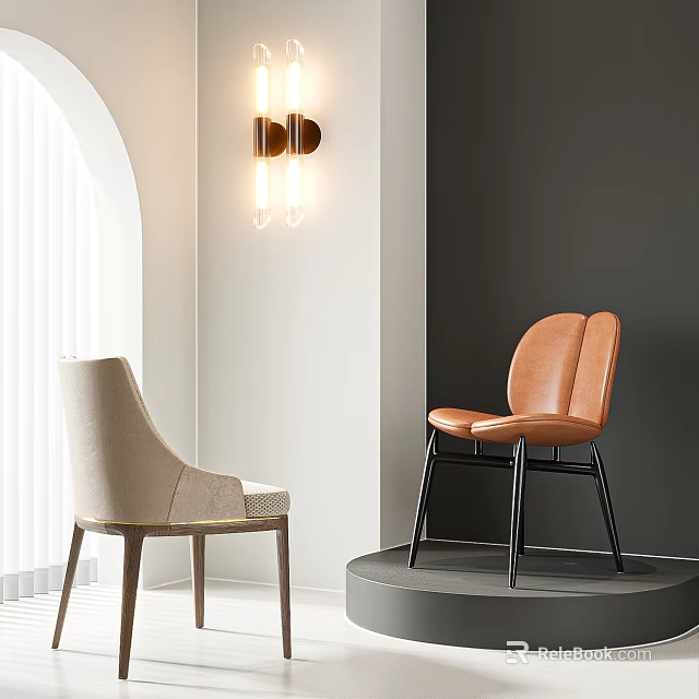Beige And Orange Dining Chairs With Wall Lamp Arched Window On Circular Platform 3d model