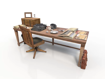 Vintage Office Desk With Old Typewriter Telephone Books And Wooden Chair 3d model