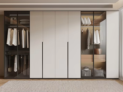 Modern Wardrobe With White Cabinet Doors And Glass Panels For Hanging Clothes 3d model