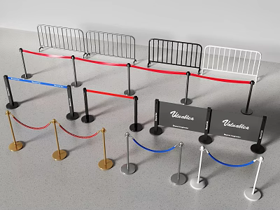 Various Event Fencing with Red Blue Ropes Metal Stands and Velvetta Signs 3d model