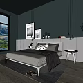 Modern Double Bed Interior Design With Gray Bedding Bedside Tables And Decorative Paintings 3d model