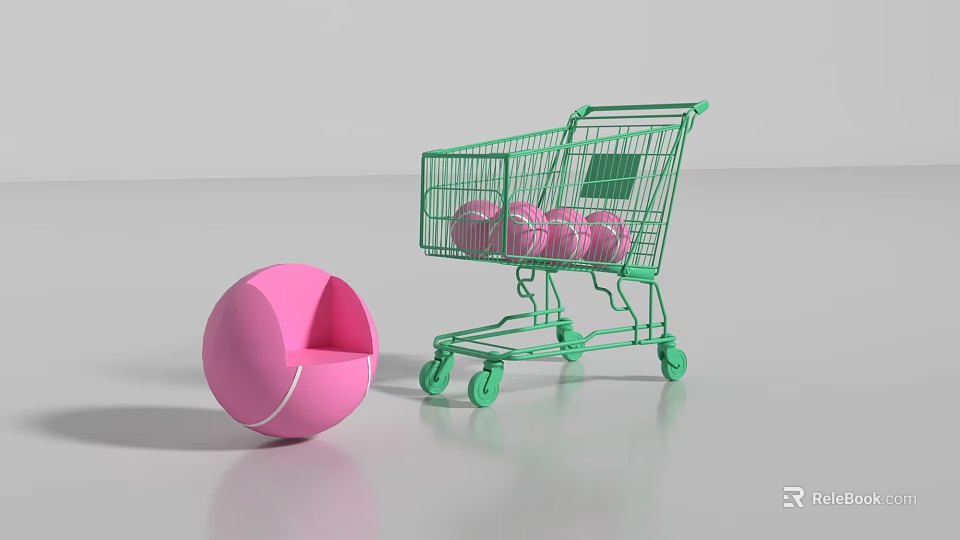 Interactive Zone Displaying Green Shopping Cart With Pink Balls And Hemisphere On White Background 3d model 