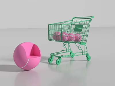 Interactive Zone Displaying Green Shopping Cart With Pink Balls And Hemisphere On White Background 3d model