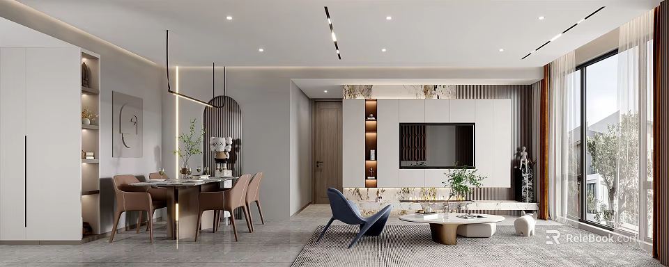 Modern Living Dining Room Interior With Dining Table Chairs Sofa TV Wall And Green Plants 3d model