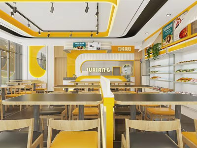 Modern Hot Pot Restaurant Interior With Bright Yellow Decor Dining Tables Chairs And Green Plants 3d model