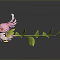 Cute Pink Bird Game Character With Big Eyes Petal Wings And Green Leaves