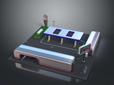 Modern Gas Station With Canopy Fuel Pumps Convenience Store Signage And Street Lights 3d model