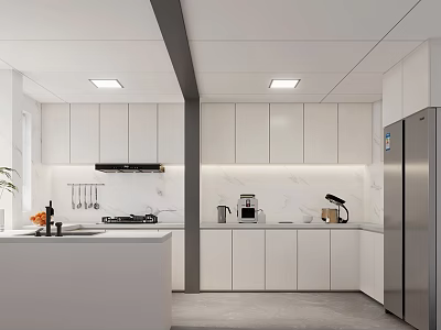 Modern Kitchen Interior With White Cabinets Island Countertops Appliances And Lighting 3d model