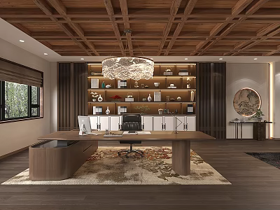 Office Interior Design With Wooden Ceiling Chandelier Bookshelves Large Desk And Rug 3d model
