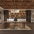 Office Interior Design With Wooden Ceiling Chandelier Bookshelves Large Desk And Rug