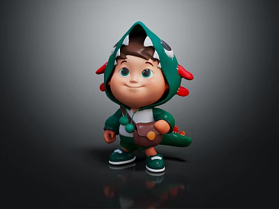 Cute Little Boy Wearing Dinosaur Costume Standing On Reflective Surface With Small Bag 3d model