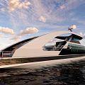 Modern Luxury Yacht On Water Under Partly Cloudy Sky