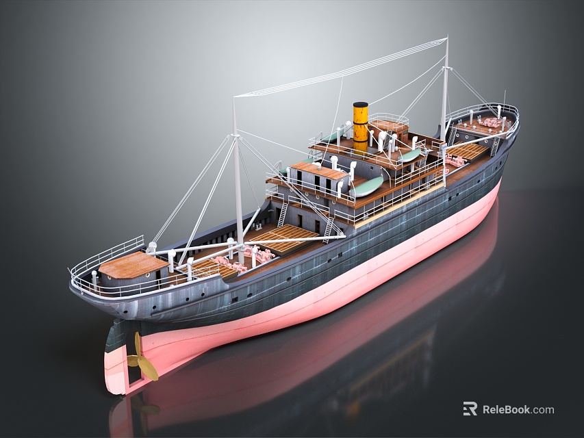 3D Model Of Vintage Steamship With Pink Hull And Decks 3d model 