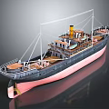 3D Model Of Vintage Steamship With Pink Hull And Decks