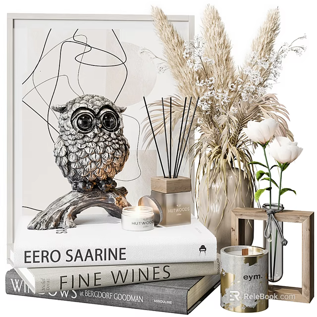 Elegant Shower Sauna Decorated With Owl Sculpture Books And Candles 3d model 
