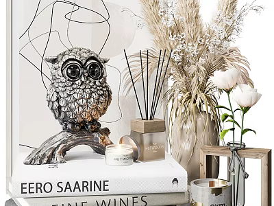 Elegant Shower Sauna Decorated With Owl Sculpture Books And Candles 3d model