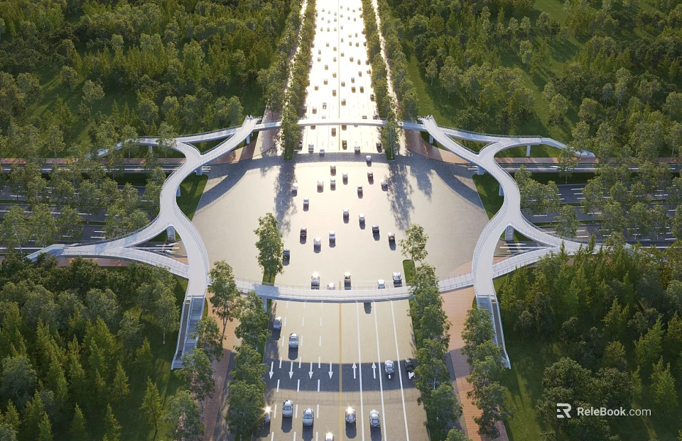 Scenic Landscape Bridge Over Water Area With Forest Trees And Road Vehicles 3d model 