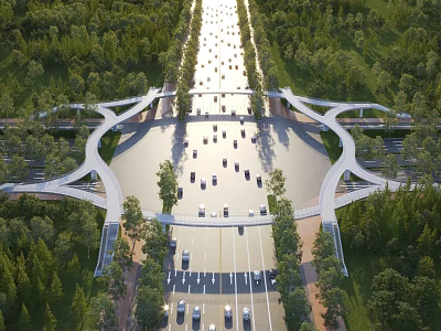 Scenic Landscape Bridge Over Water Area With Forest Trees And Road Vehicles 3d model