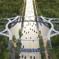 Scenic Landscape Bridge Over Water Area With Forest Trees And Road Vehicles