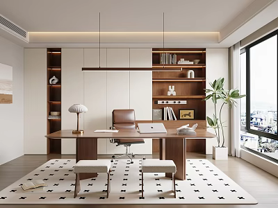 Modern Home Office Interior With Wooden Desk Leather Chair And Built in Bookshelves 3d model