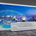 Futuristic Indoor Corridor Design With Blue White Curved Lines Person Standing Digital Screens Bright Lighting