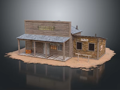 Western Style Wooden House With Sheriff Sign And Jail Section Wooden Porch And Metal Roof 3d model