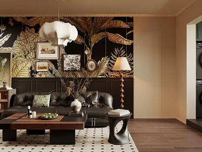 Modern Living Room Interior With Black Leather Sofa Tropical Wallpaper Coffee Table And Pendant Lamp 3d model