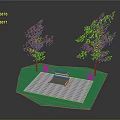 Charming Cartoon Scene Featuring Green Grass Two Trees And Wooden Bench On Checkerboard Floor