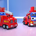 Two Red Cartoon Functional Vehicles With Fire Ladder And Eye Front Design 3d model