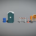 Construction Site Featuring Portable Toilet Concrete Mixer Traffic Cone Barricade And Red Ladder