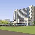 Modern Multi Story Building Exterior With Front Square Greenery And Trees