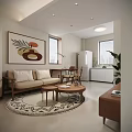 Modern Living Dining Room Interior With Sofa Dining Table Chairs Area Rug And Wall Art