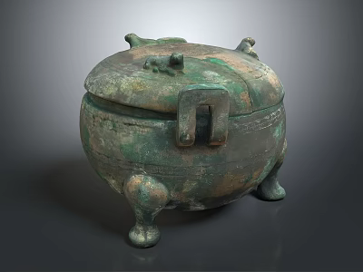 Ancient Bronze Ritual Vessel With Lid Three Legs And Decorative Patterns 3d model