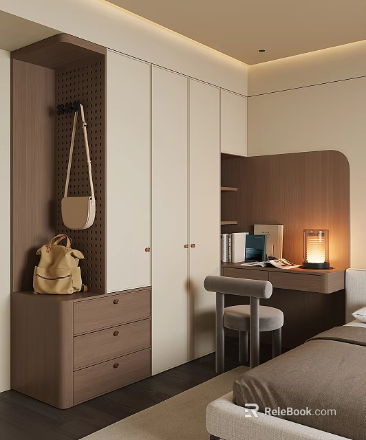 Modern Wardrobe Interior With Wooden Accents Desk Table Lamp And Hanging Bags 3d model 