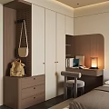Modern Wardrobe Interior With Wooden Accents Desk Table Lamp And Hanging Bags