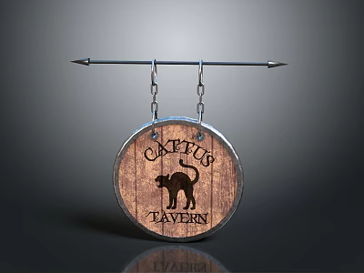 Vintage Wooden Cactus Tavern Sign With Cat Silhouette Circular Design Hanging On Metal Pole 3d model