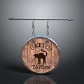 Vintage Wooden Cactus Tavern Sign With Cat Silhouette Circular Design Hanging On Metal Pole