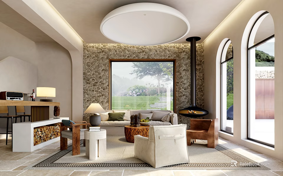 Modern Living Room Interior With Stone Wall Arched Windows Black Fireplace And Cozy Sofa 3d model 