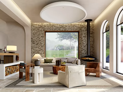 Modern Living Room Interior With Stone Wall Arched Windows Black Fireplace And Cozy Sofa 3d model